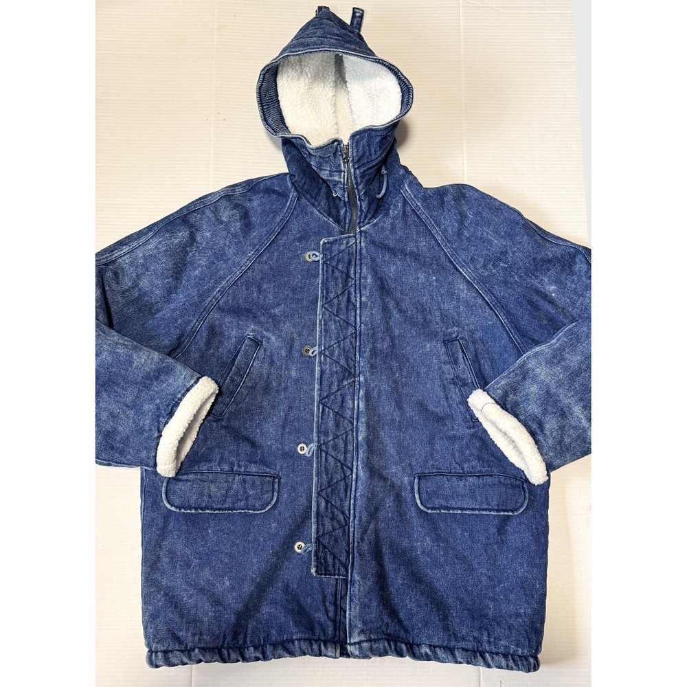 EXPRESSIONS - Women's Vintage Sherpa Lined Hooded Blue Denim Jean Jacket - Large
